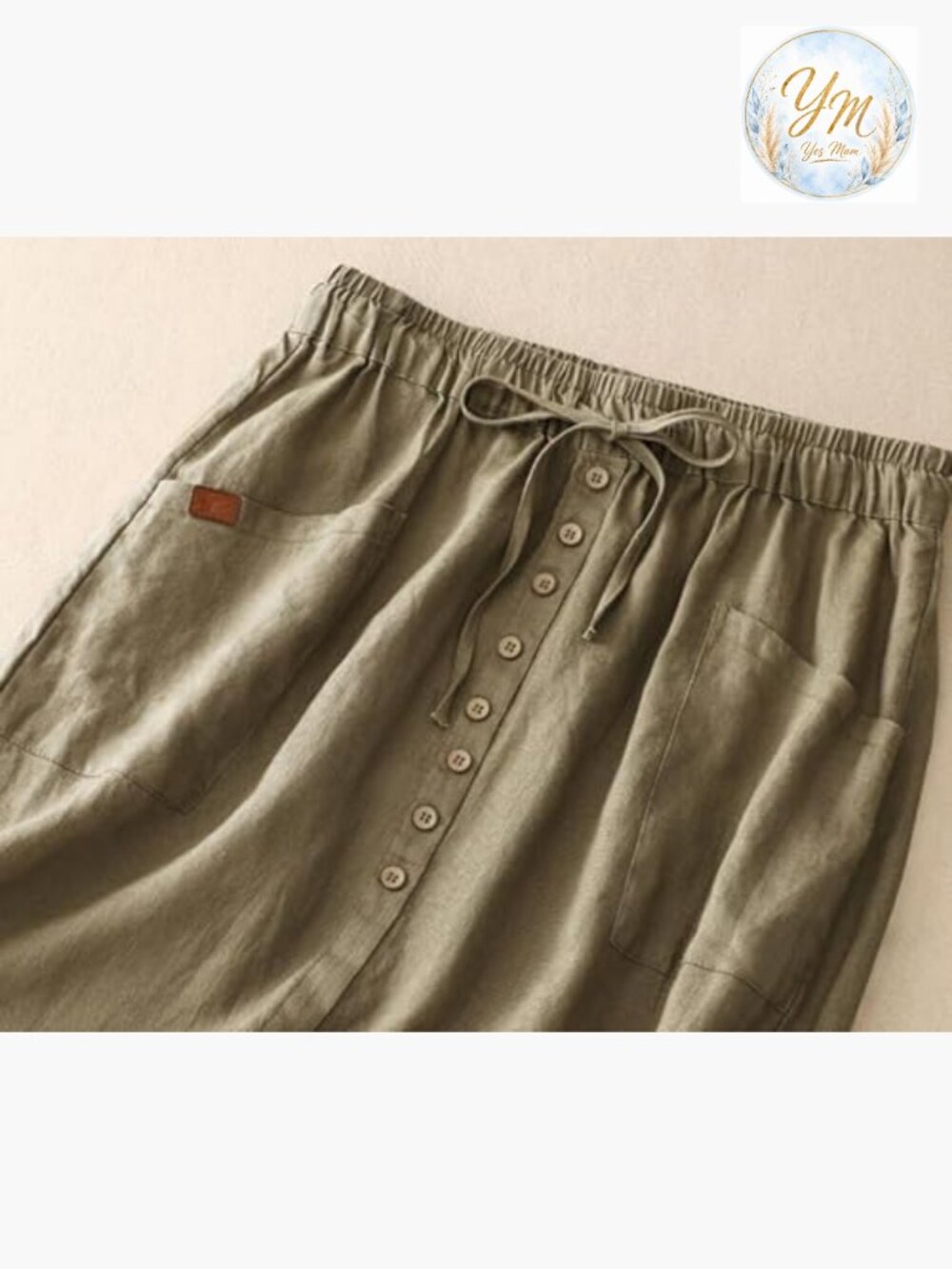 Cotton Linen A-Line Midi Skirt with Pockets High Elastic Waist Slit - Picture 3 of 5
